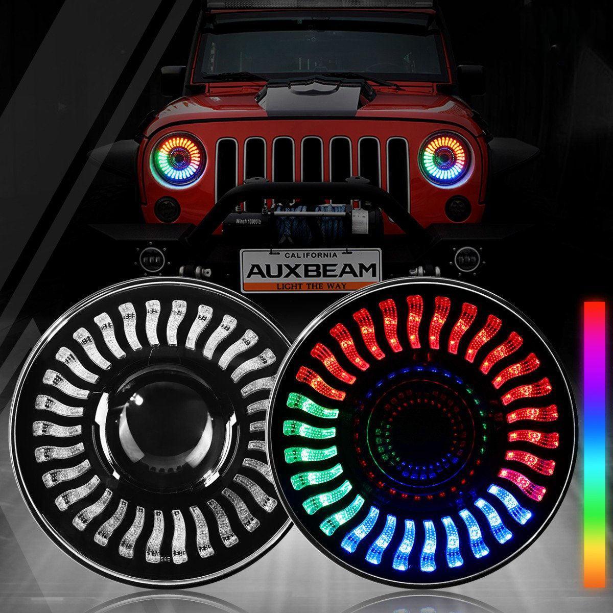 (2pcsset) 7 inch 80W Hi-Lo Beam LED Headlight With RGB Flowing Halo Ring App Control for Jeep Wrangler JK TJ LJ CJ